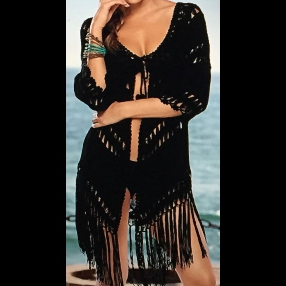 Venus Black Crochet Fringe Tassel-Tie Cardigan/Cover-Up-Size M/OSFM